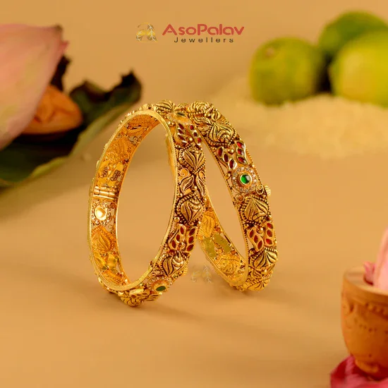 22K Nakshi Bridal Gold Bangles with Ruby Emerald & CZ Accents