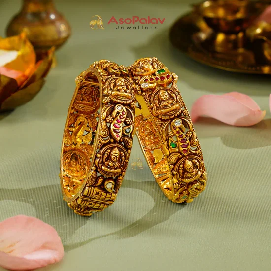 22K Lakshmi Peacock Diamond Gold Bangles for Bridal Wear