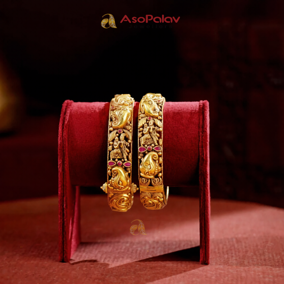 22K Radha Krishna Mango Design Gold Bangles for Brides